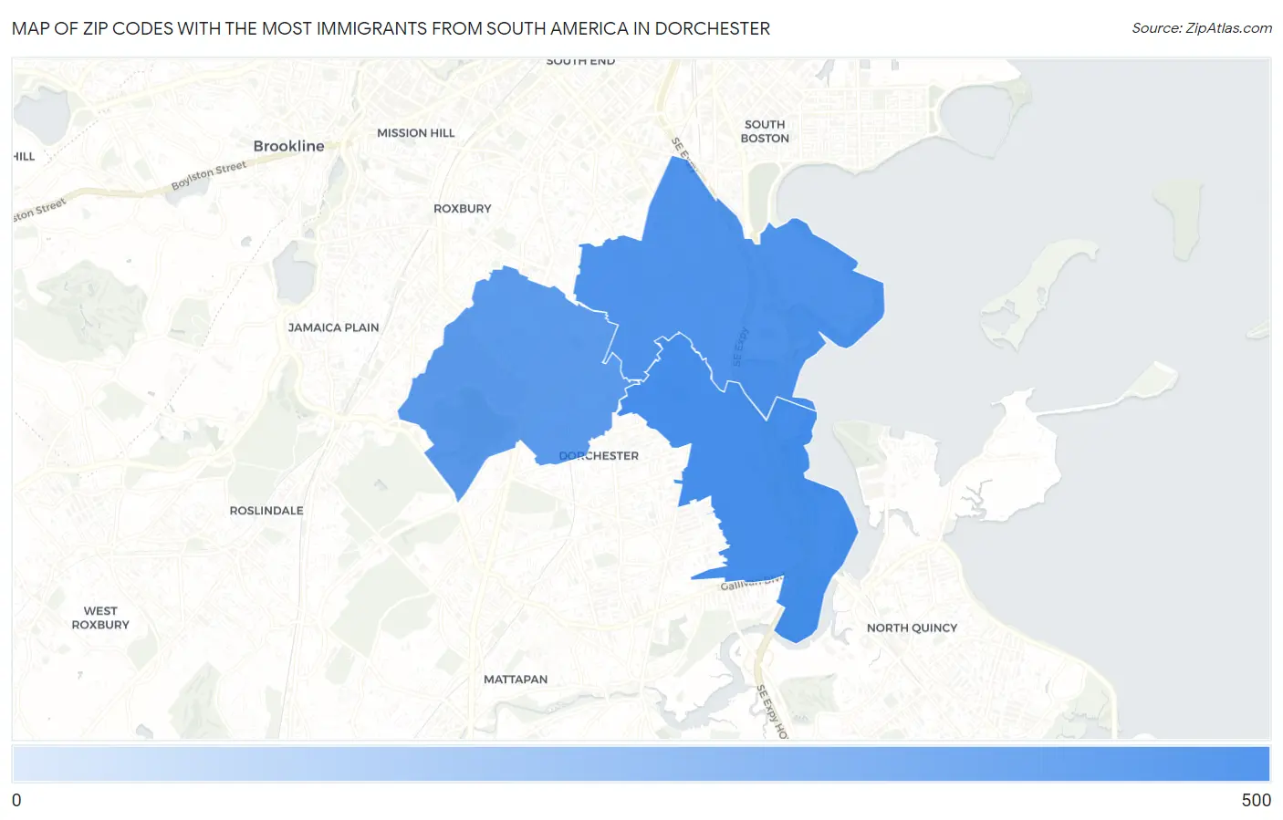 Zip Codes with the Most Immigrants from South America in Dorchester Map