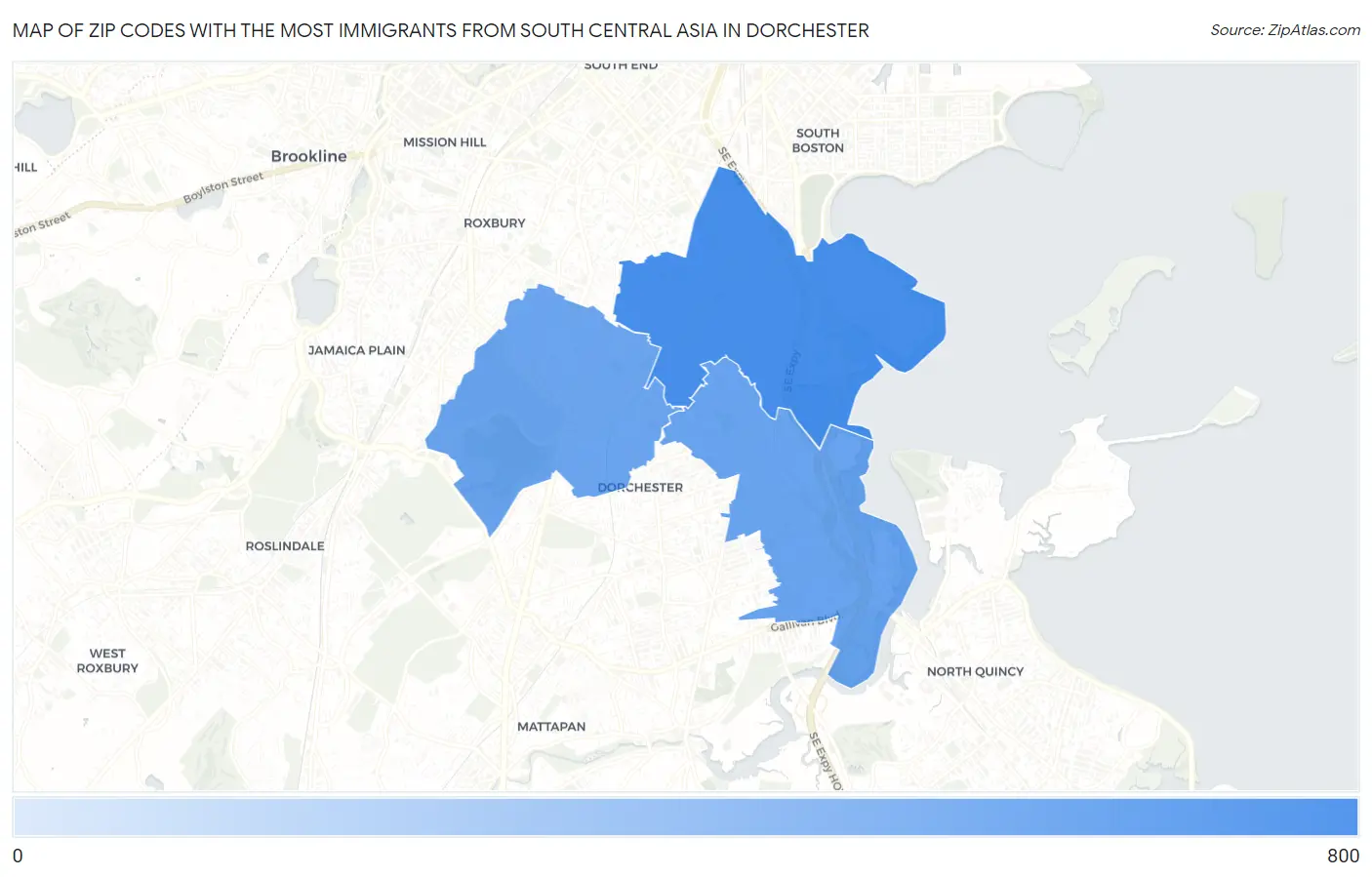 Zip Codes with the Most Immigrants from South Central Asia in Dorchester Map