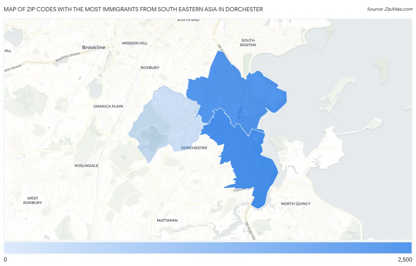 Zip Codes with the Most Immigrants from South Eastern Asia in Dorchester Map