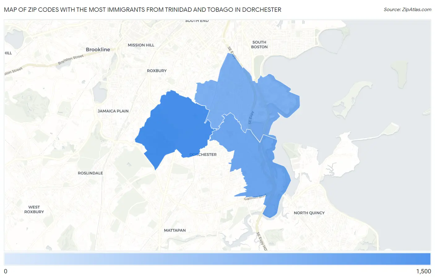 Zip Codes with the Most Immigrants from Trinidad and Tobago in Dorchester Map