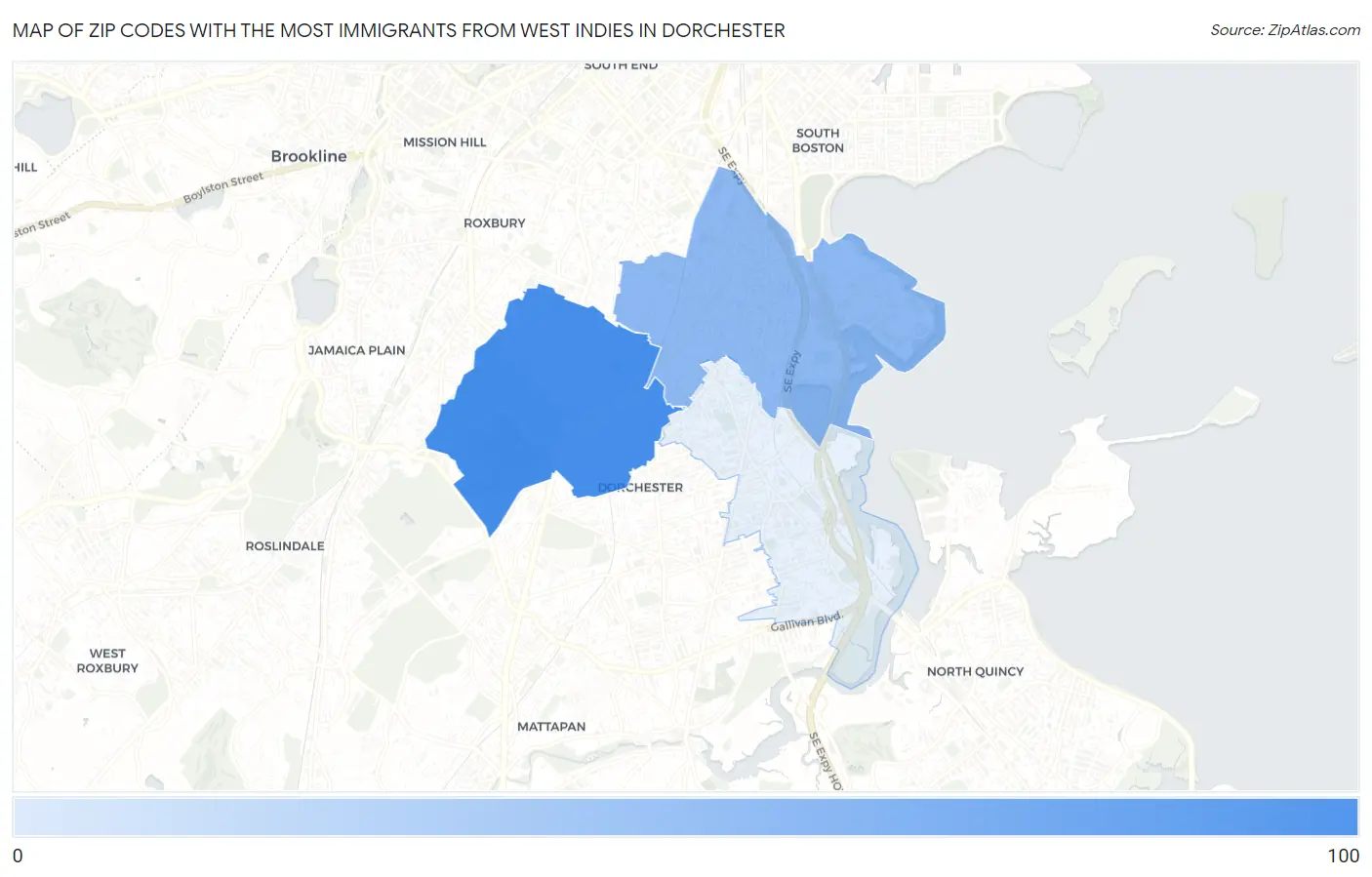 Zip Codes with the Most Immigrants from West Indies in Dorchester Map