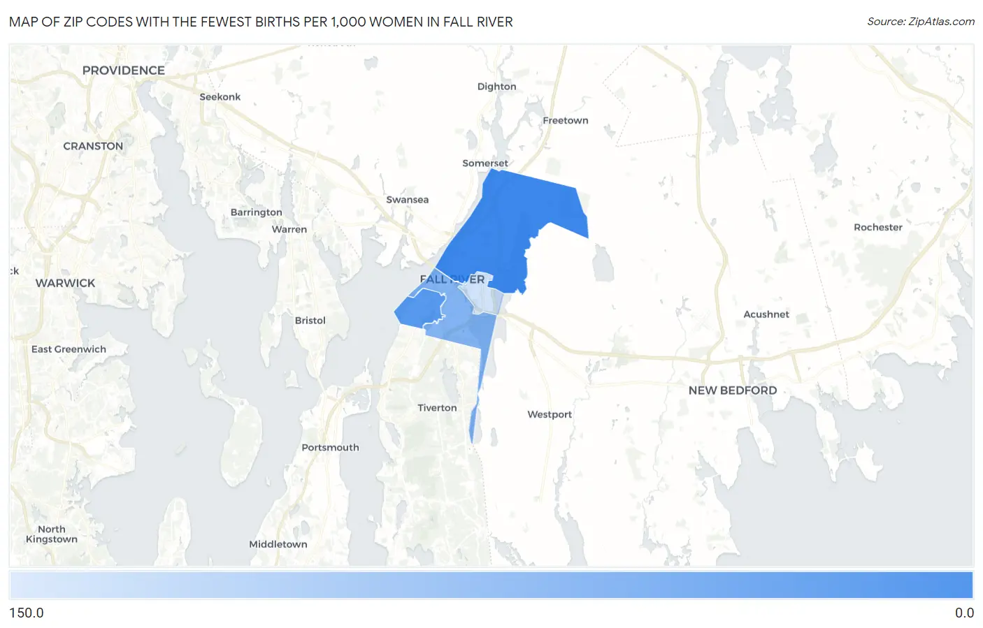Zip Codes with the Fewest Births per 1,000 Women in Fall River Map