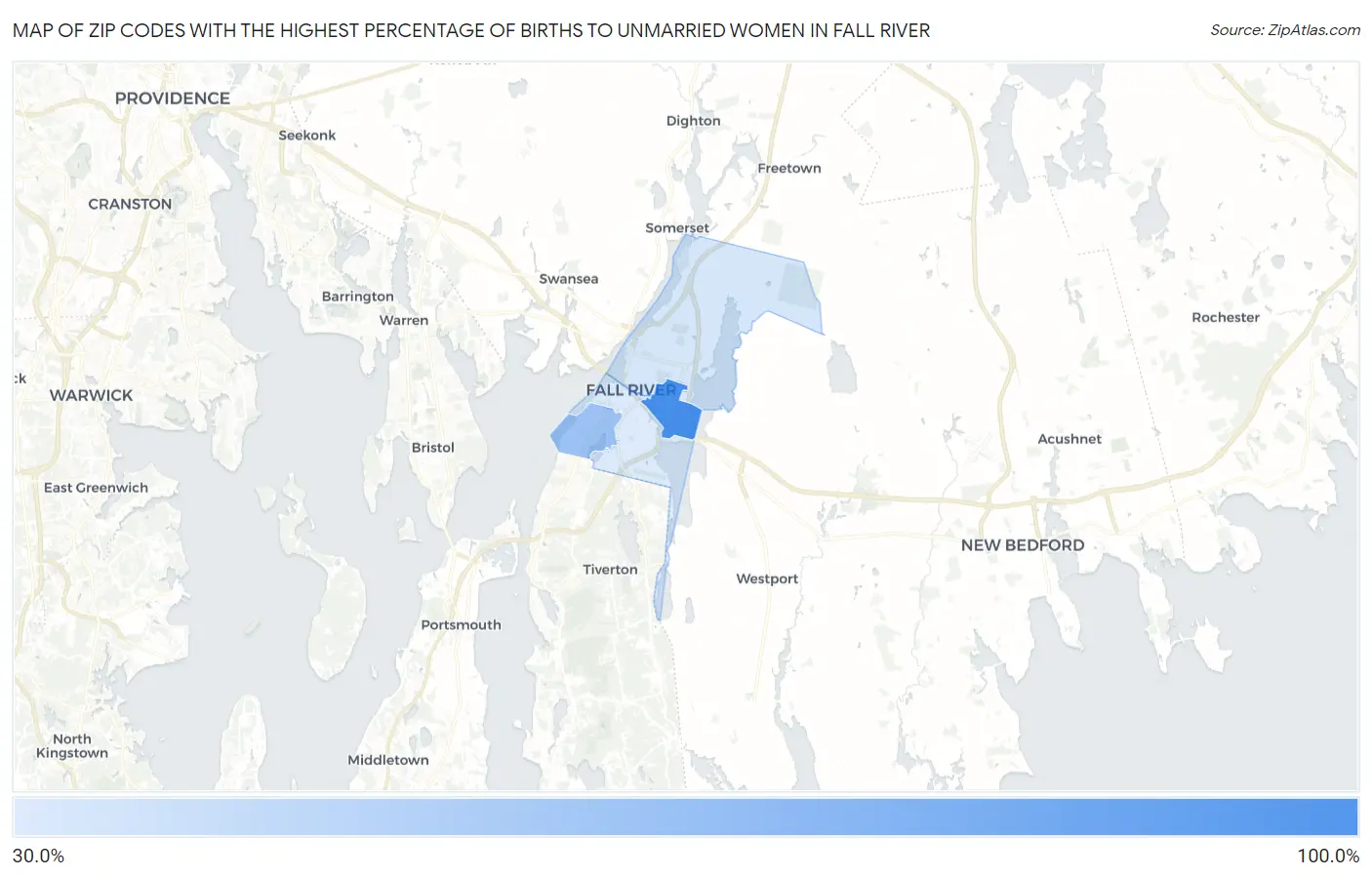 Zip Codes with the Highest Percentage of Births to Unmarried Women in Fall River Map