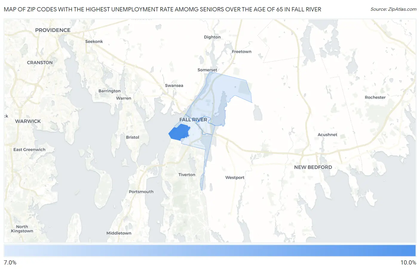 Zip Codes with the Highest Unemployment Rate Amomg Seniors Over the Age of 65 in Fall River Map