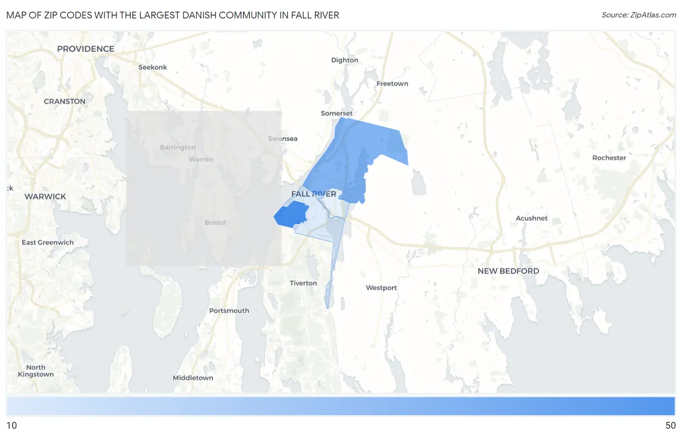 Zip Codes with the Largest Danish Community in Fall River Map