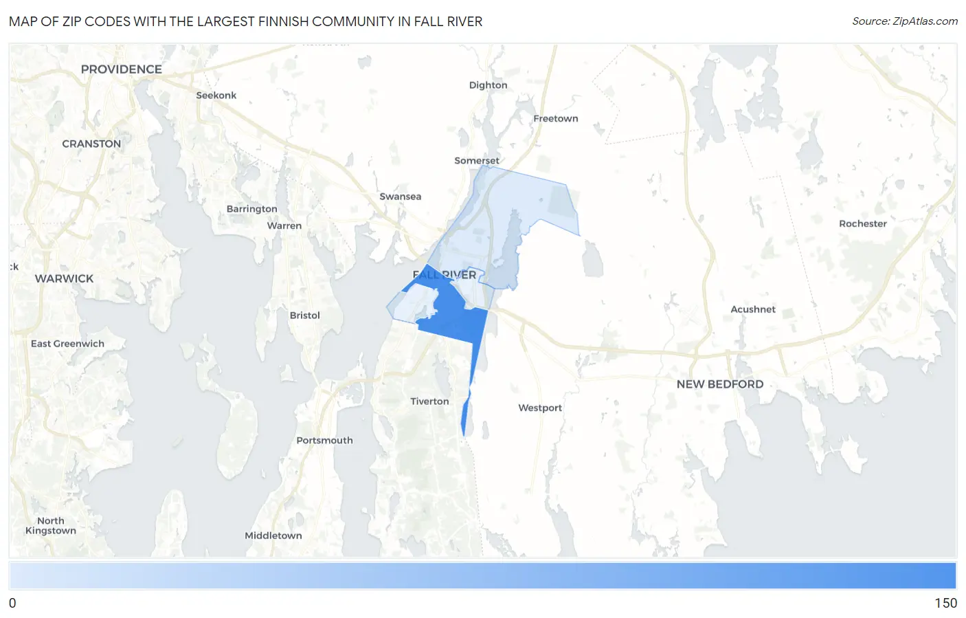 Zip Codes with the Largest Finnish Community in Fall River Map