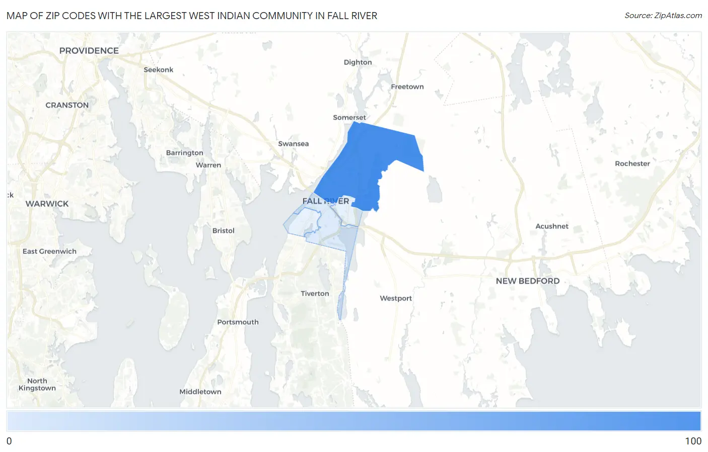 Zip Codes with the Largest West Indian Community in Fall River Map