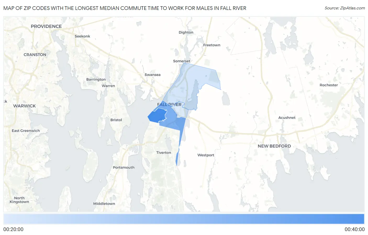 Zip Codes with the Longest Median Commute Time to Work for Males in Fall River Map