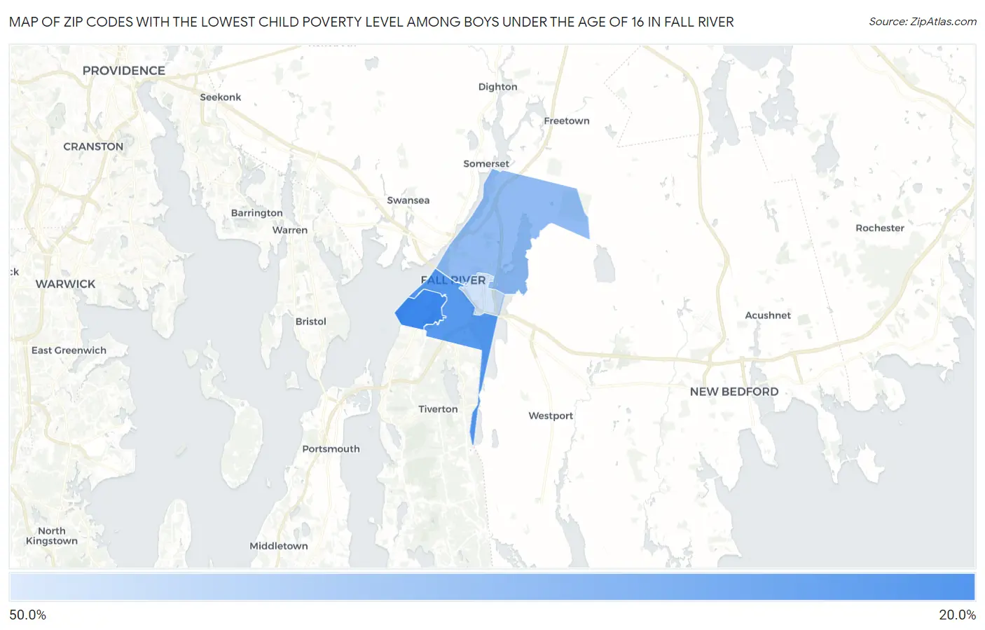 Zip Codes with the Lowest Child Poverty Level Among Boys Under the Age of 16 in Fall River Map