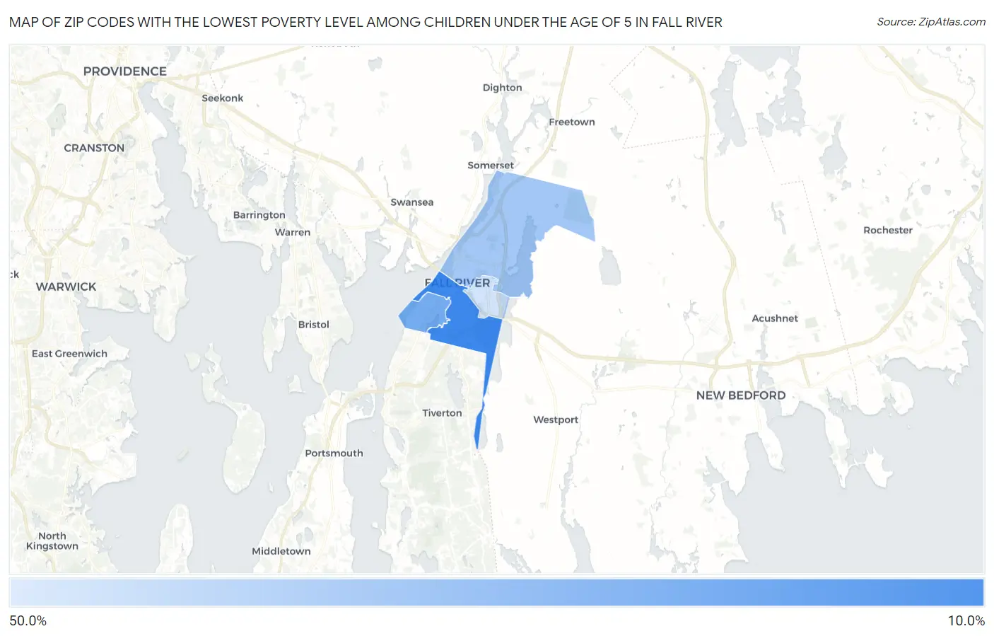 Zip Codes with the Lowest Poverty Level Among Children Under the Age of 5 in Fall River Map