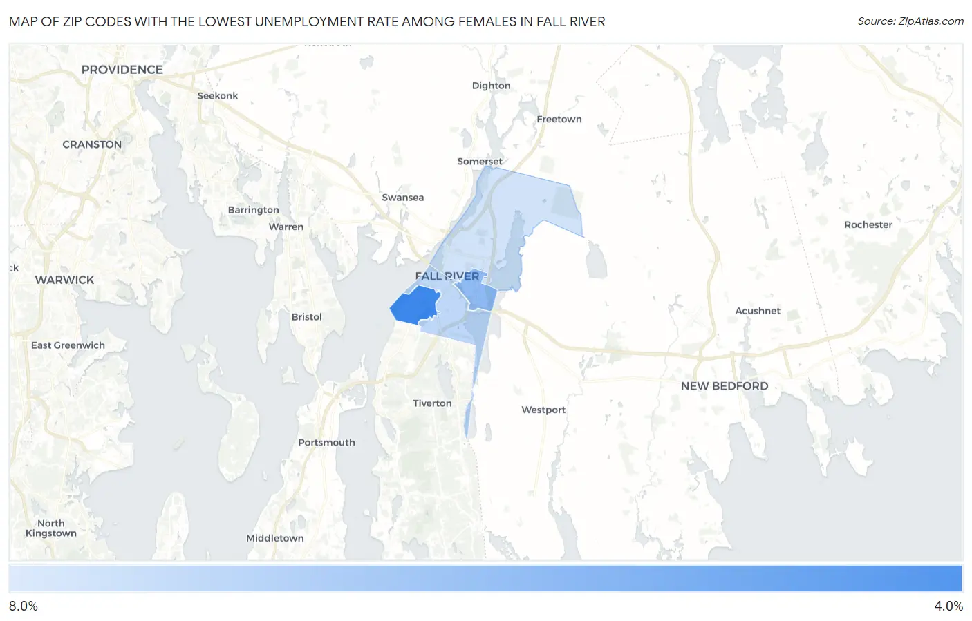 Zip Codes with the Lowest Unemployment Rate Among Females in Fall River Map