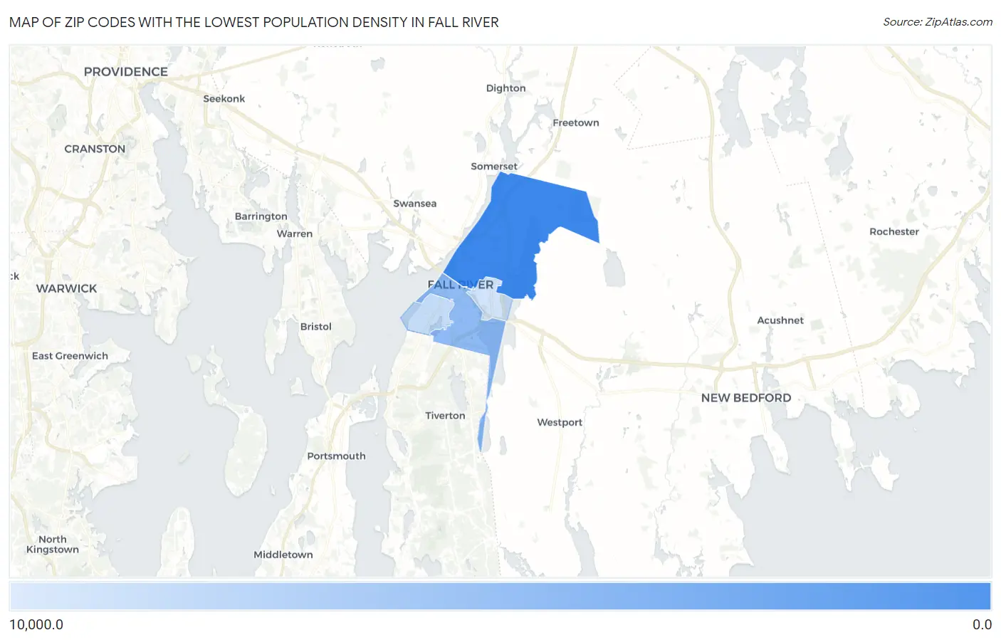Zip Codes with the Lowest Population Density in Fall River Map