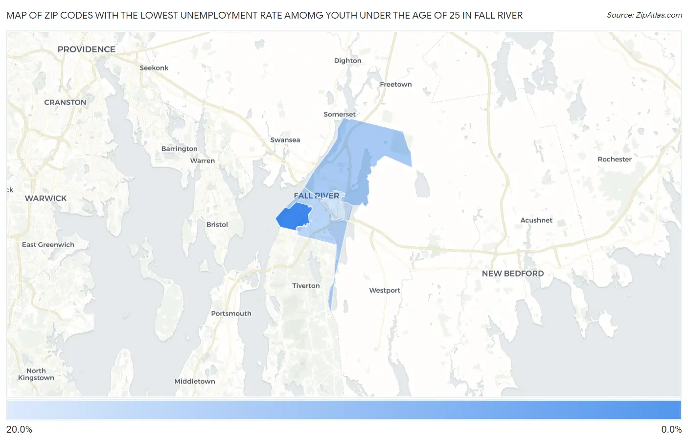 Zip Codes with the Lowest Unemployment Rate Amomg Youth Under the Age of 25 in Fall River Map