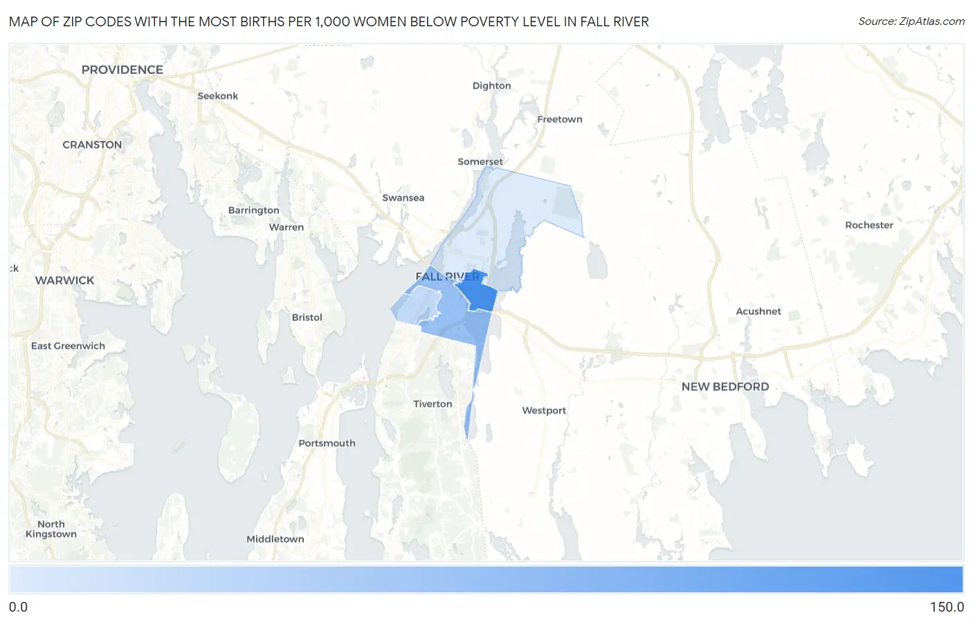 Zip Codes with the Most Births per 1,000 Women Below Poverty Level in Fall River Map