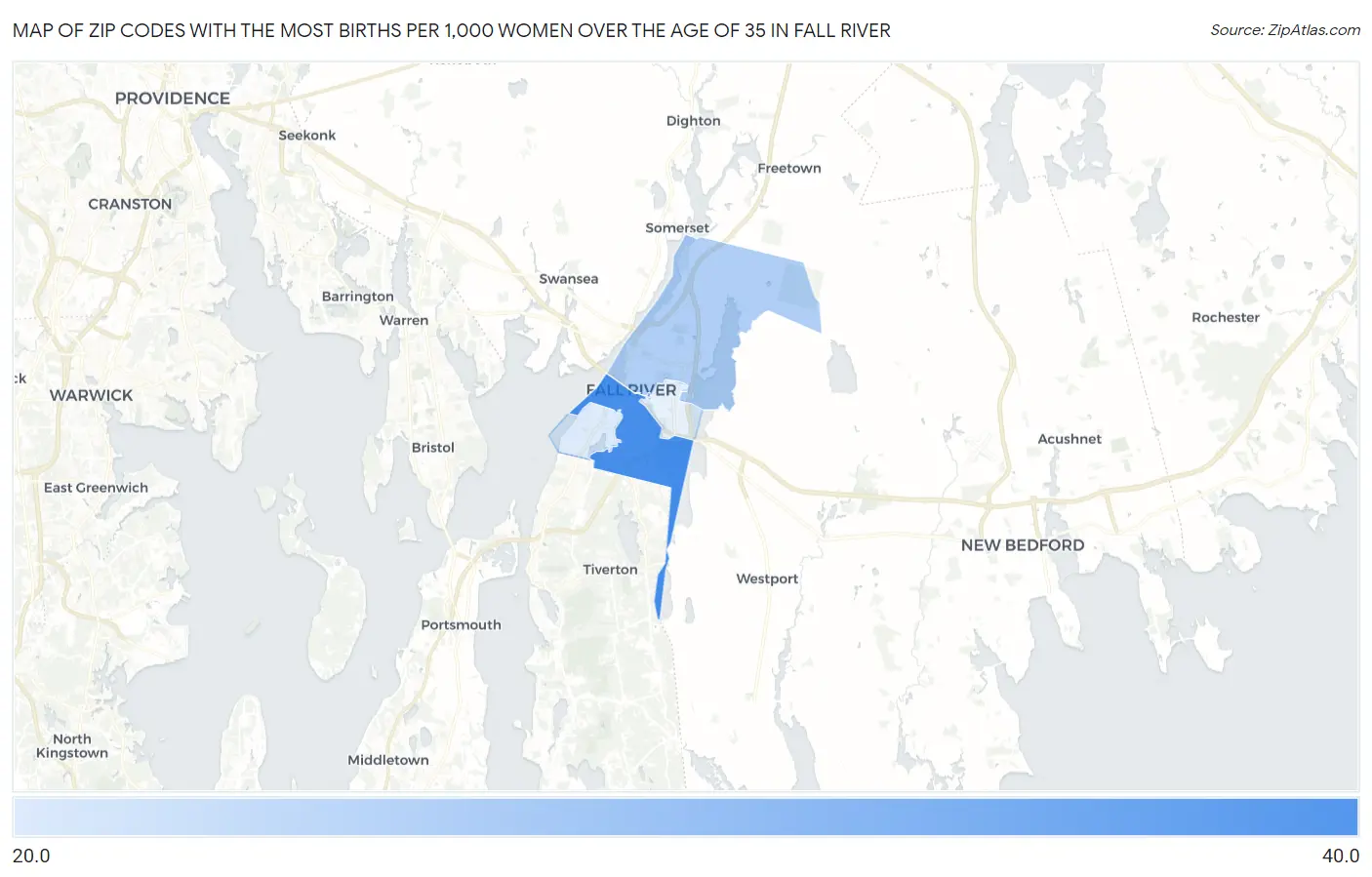 Zip Codes with the Most Births per 1,000 Women Over the Age of 35 in Fall River Map