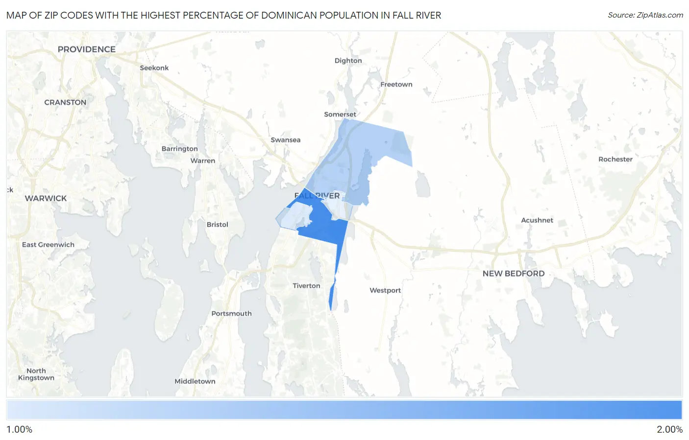Zip Codes with the Highest Percentage of Dominican Population in Fall River Map