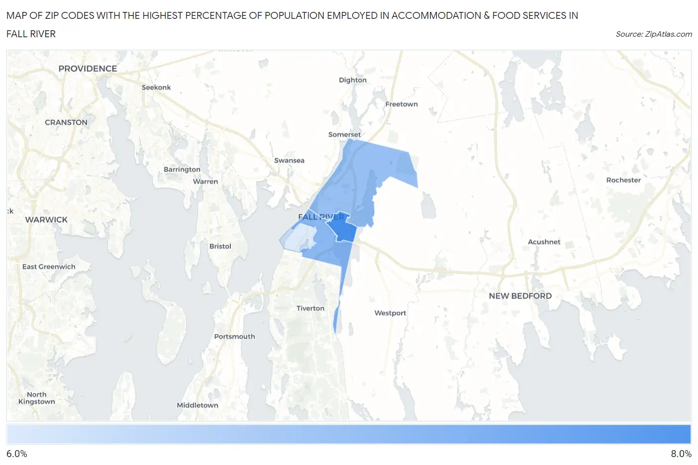 Zip Codes with the Highest Percentage of Population Employed in Accommodation & Food Services in Fall River Map