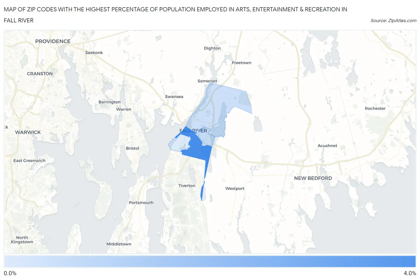 Zip Codes with the Highest Percentage of Population Employed in Arts, Entertainment & Recreation in Fall River Map