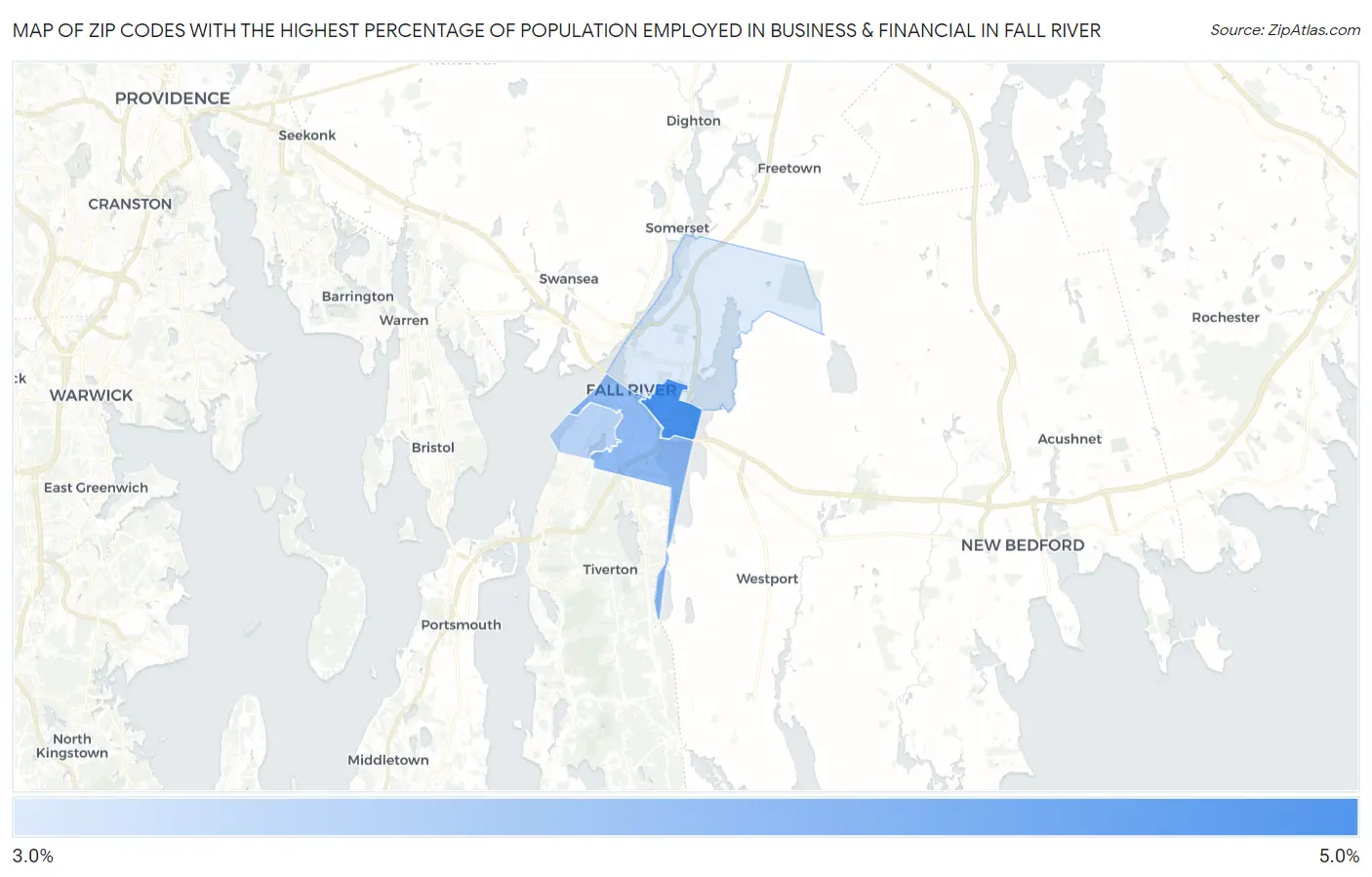 Zip Codes with the Highest Percentage of Population Employed in Business & Financial in Fall River Map