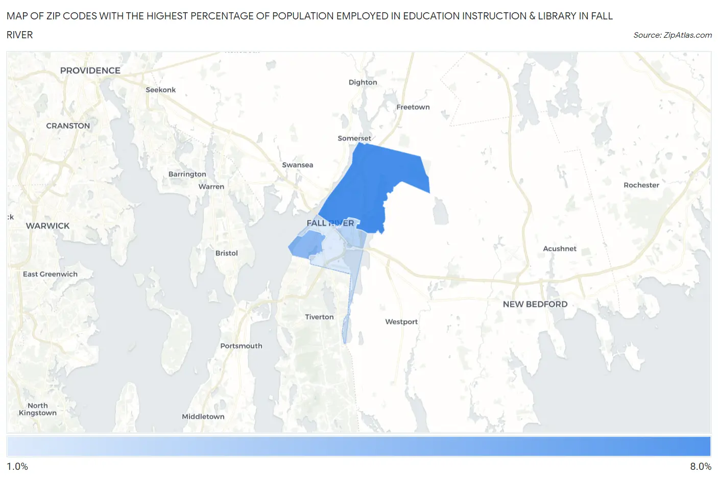 Zip Codes with the Highest Percentage of Population Employed in Education Instruction & Library in Fall River Map