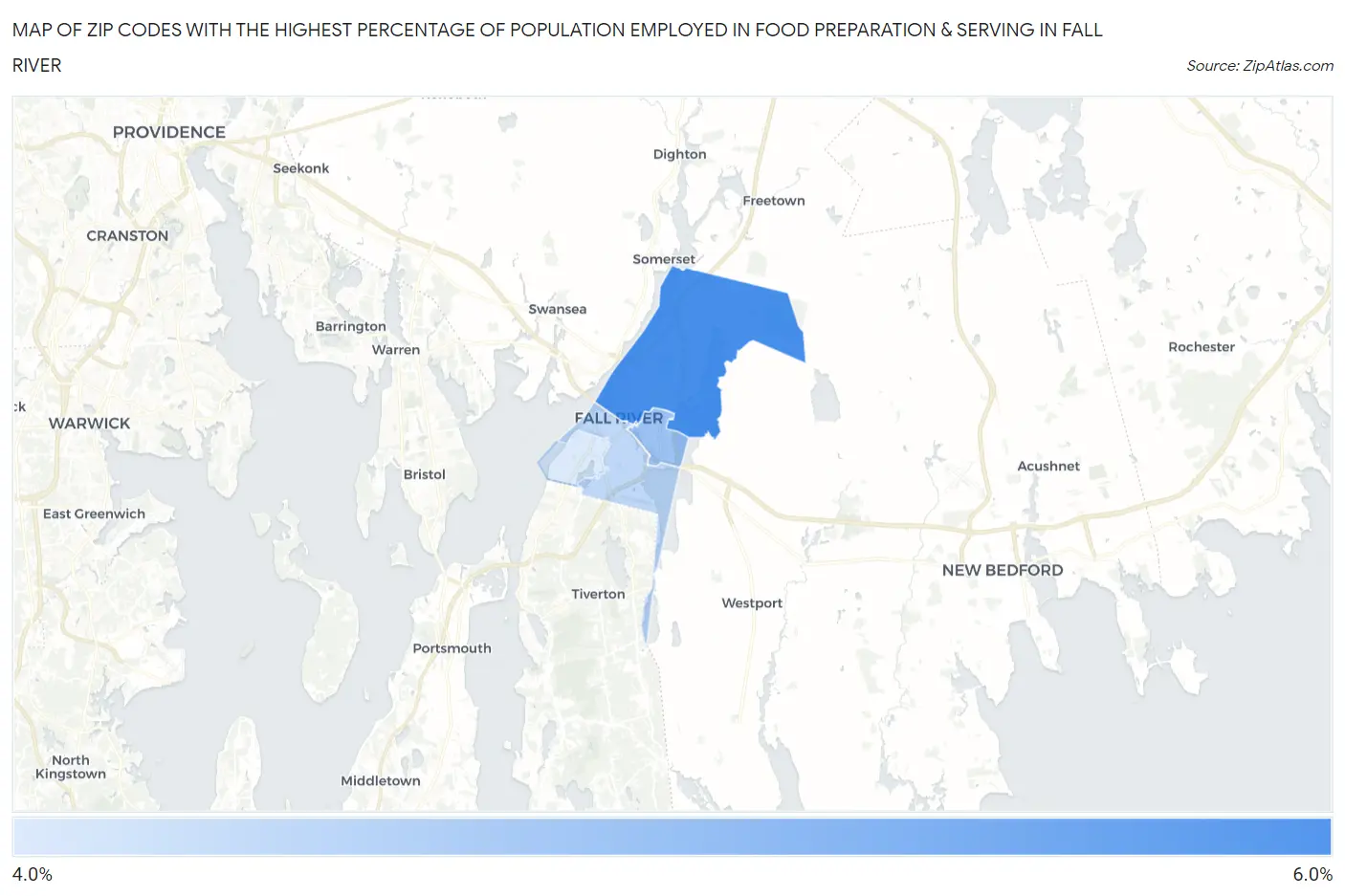 Zip Codes with the Highest Percentage of Population Employed in Food Preparation & Serving in Fall River Map