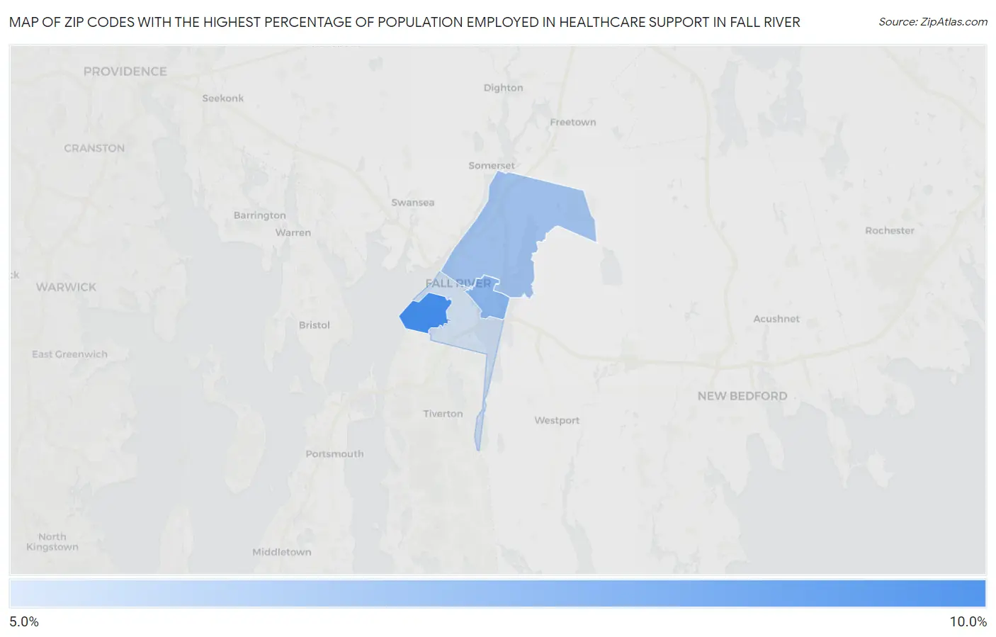 Zip Codes with the Highest Percentage of Population Employed in Healthcare Support in Fall River Map