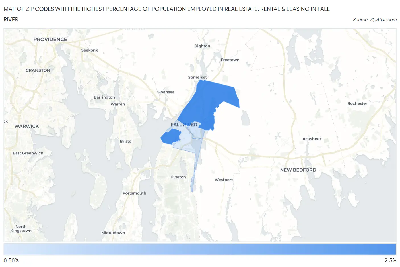 Zip Codes with the Highest Percentage of Population Employed in Real Estate, Rental & Leasing in Fall River Map