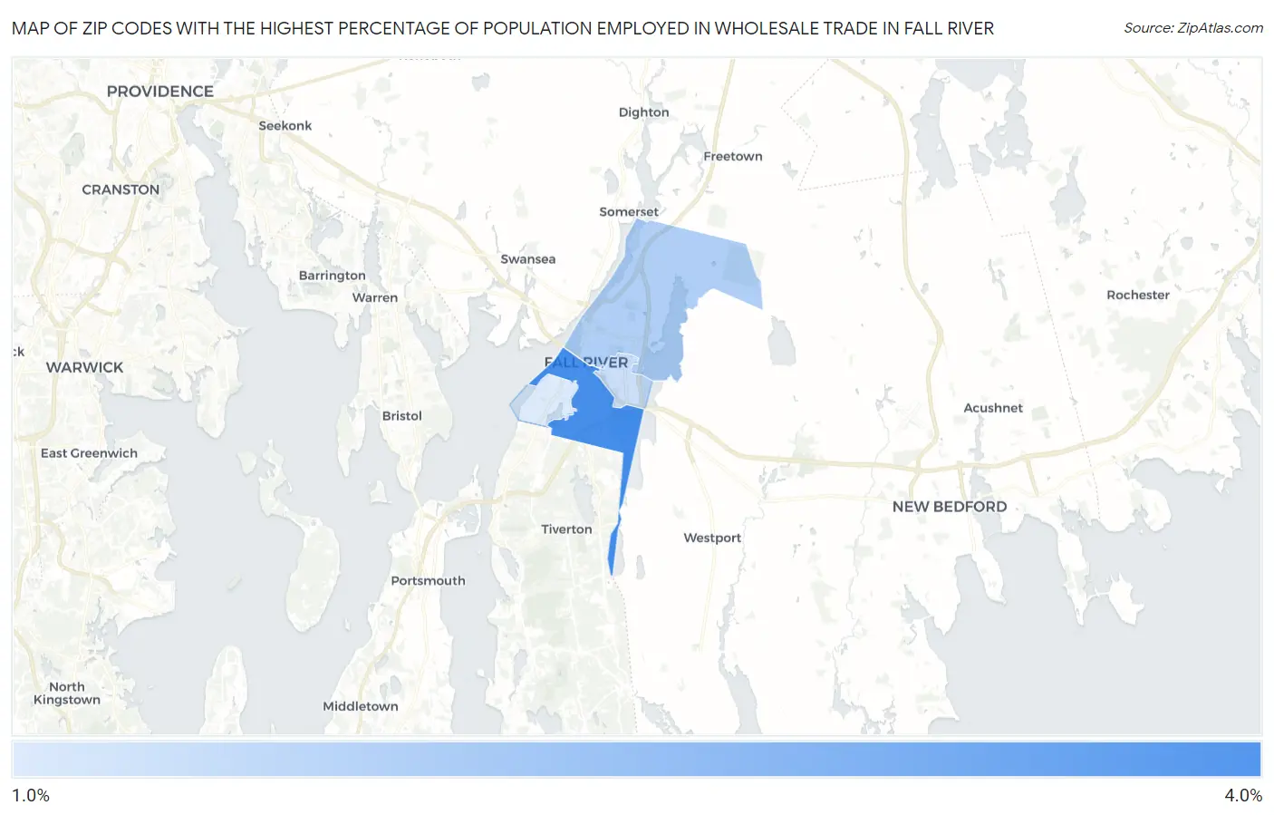 Zip Codes with the Highest Percentage of Population Employed in Wholesale Trade in Fall River Map