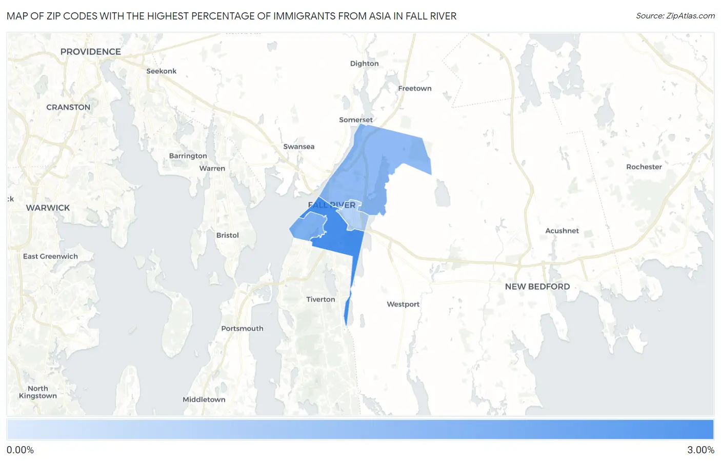 Zip Codes with the Highest Percentage of Immigrants from Asia in Fall River Map