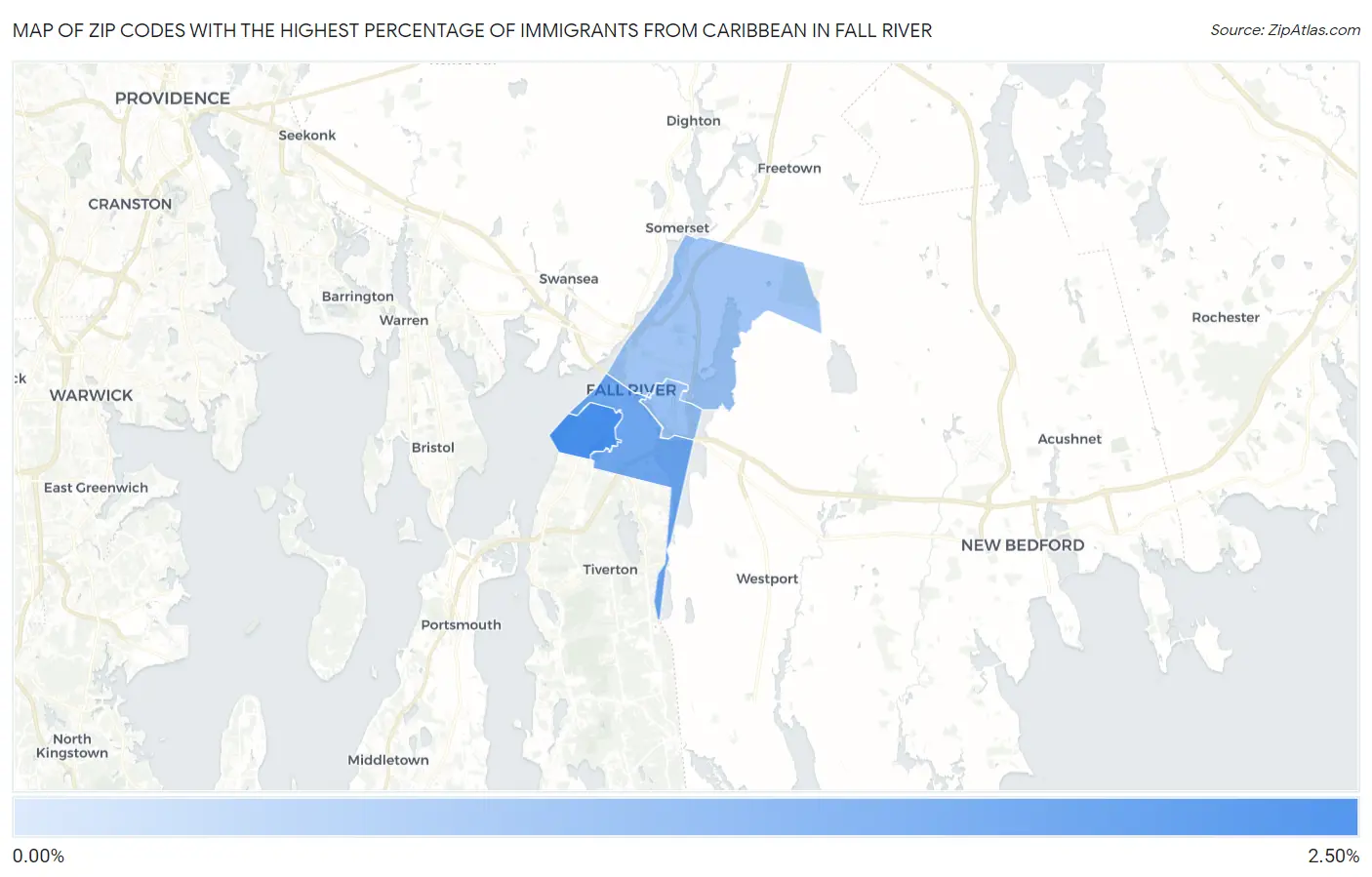 Zip Codes with the Highest Percentage of Immigrants from Caribbean in Fall River Map