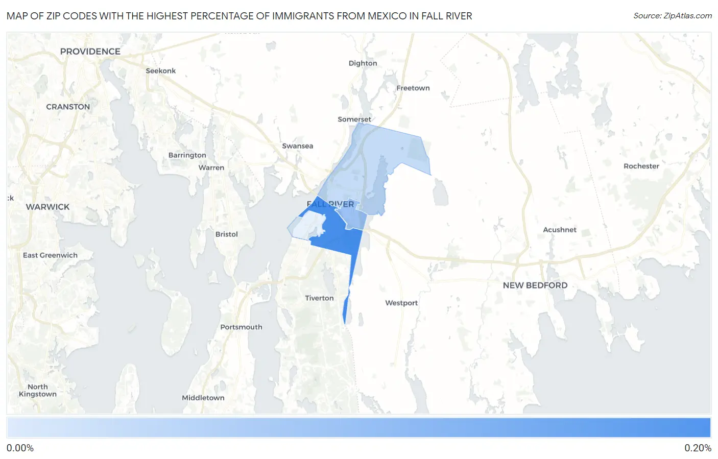 Zip Codes with the Highest Percentage of Immigrants from Mexico in Fall River Map