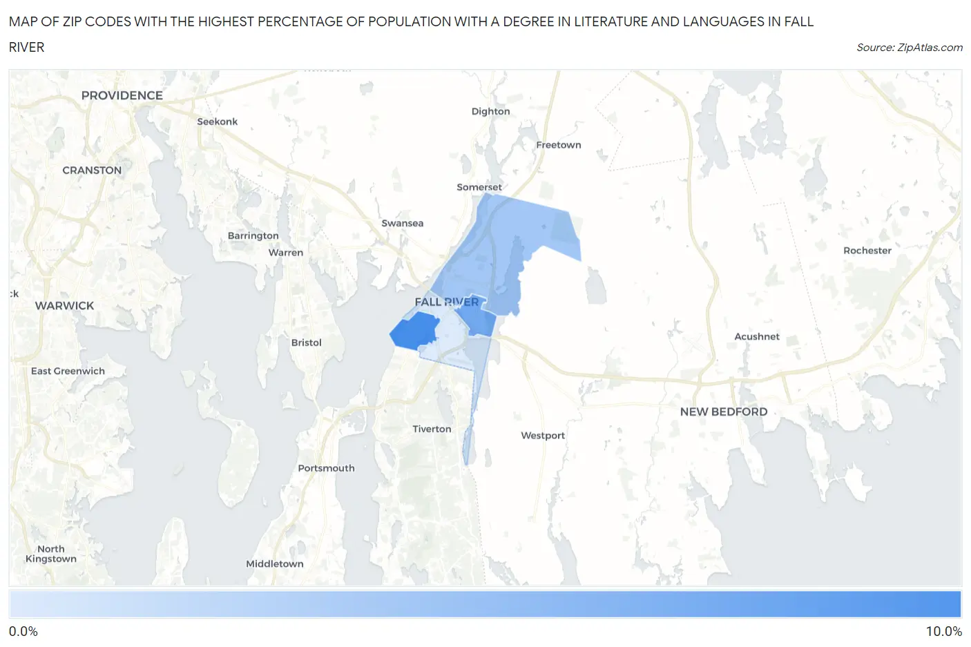 Zip Codes with the Highest Percentage of Population with a Degree in Literature and Languages in Fall River Map