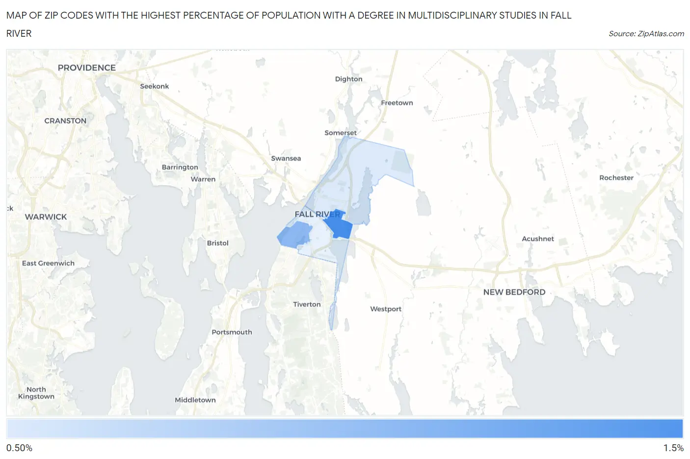 Zip Codes with the Highest Percentage of Population with a Degree in Multidisciplinary Studies in Fall River Map