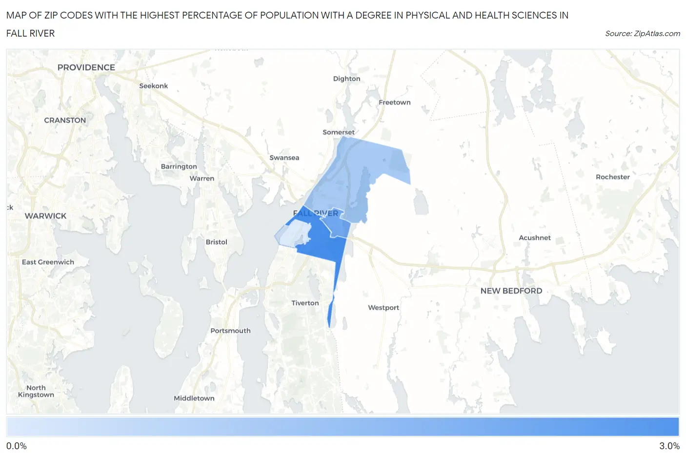 Zip Codes with the Highest Percentage of Population with a Degree in Physical and Health Sciences in Fall River Map