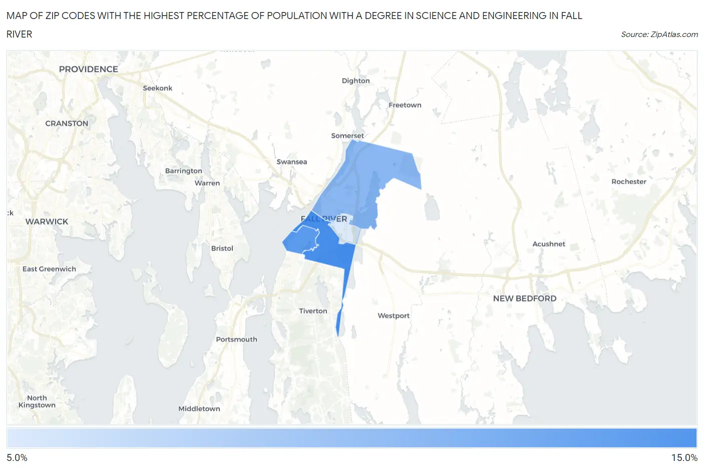 Zip Codes with the Highest Percentage of Population with a Degree in Science and Engineering in Fall River Map