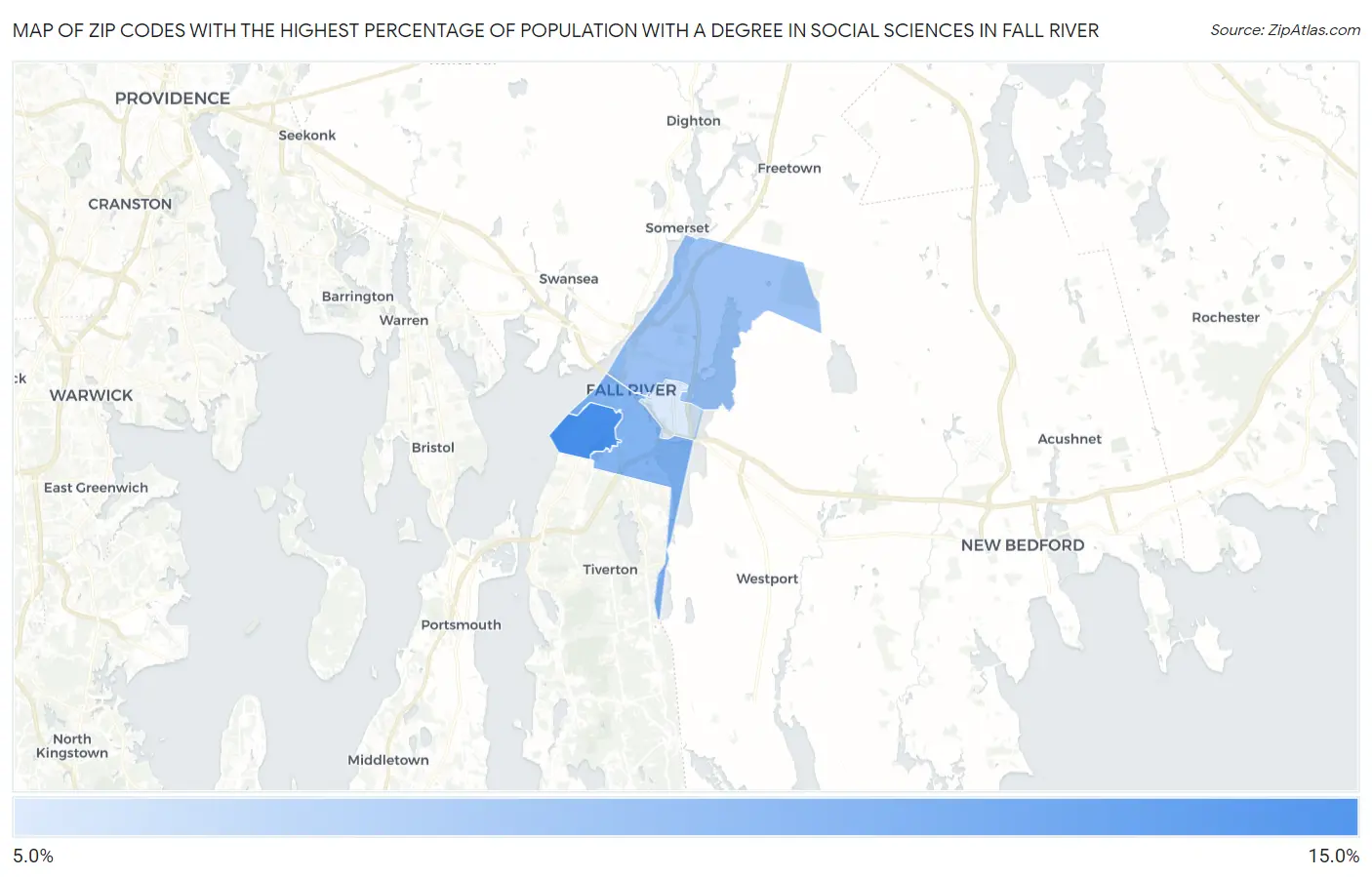 Zip Codes with the Highest Percentage of Population with a Degree in Social Sciences in Fall River Map