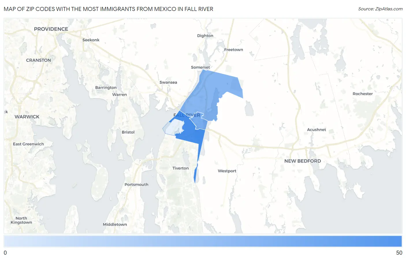 Zip Codes with the Most Immigrants from Mexico in Fall River Map