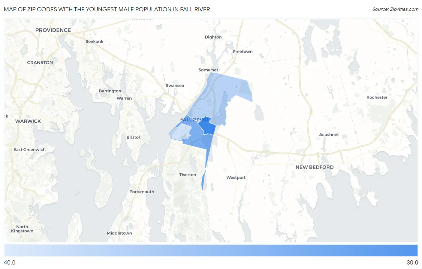 Zip Codes with the Youngest Male Population in Fall River Map