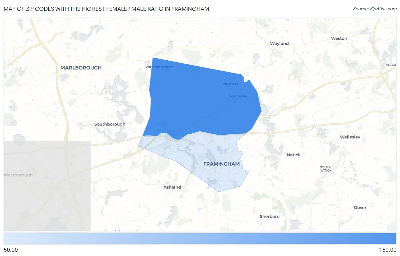 Zip Codes with the Highest Female / Male Ratio in Framingham Map