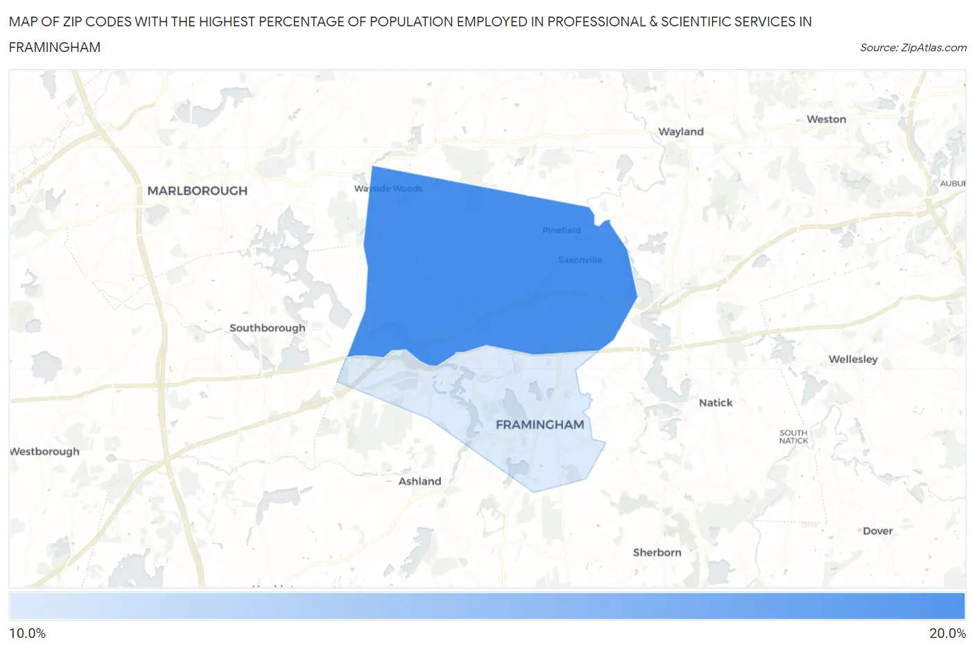 Zip Codes with the Highest Percentage of Population Employed in Professional & Scientific Services in Framingham Map