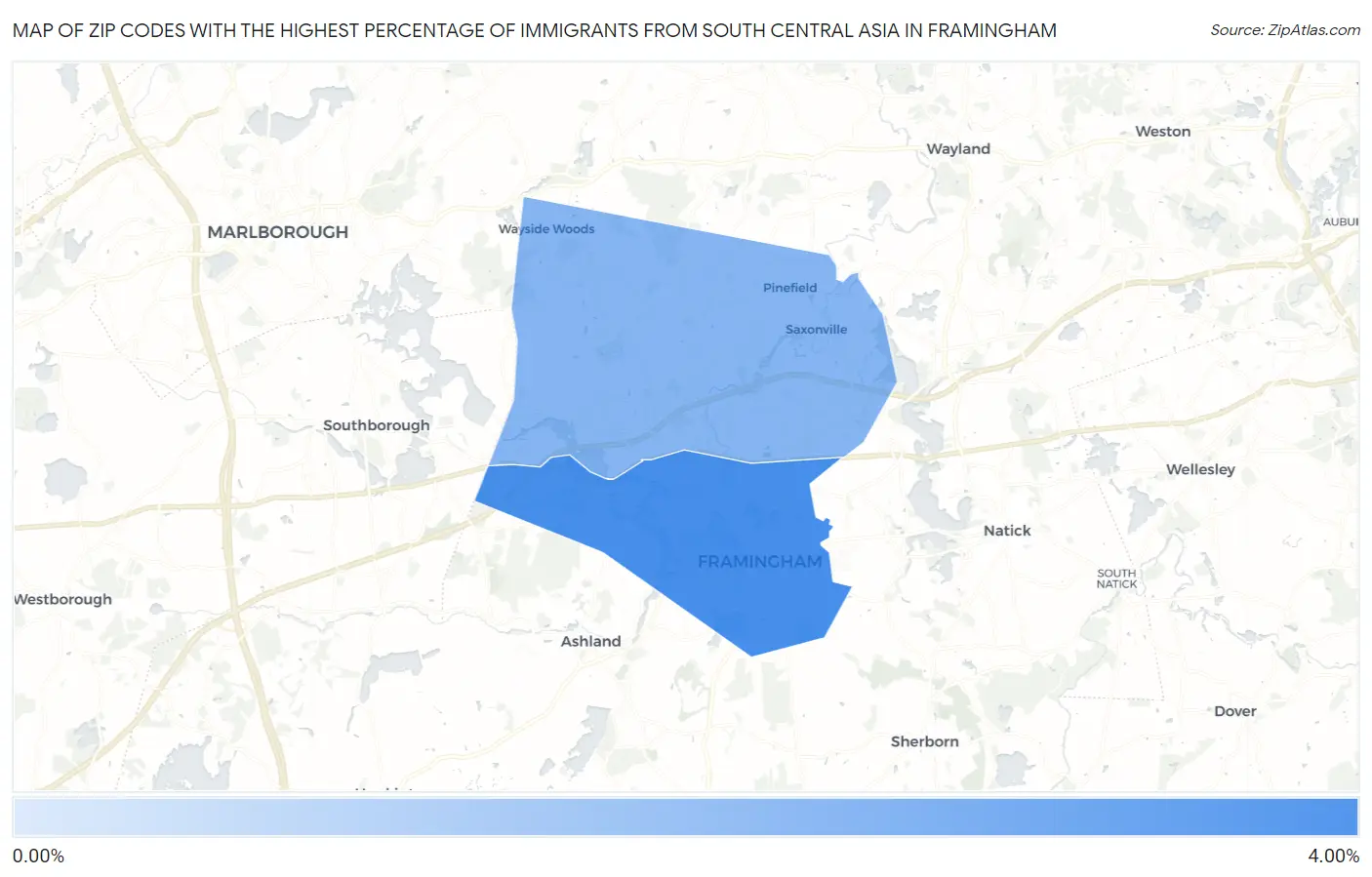 Zip Codes with the Highest Percentage of Immigrants from South Central Asia in Framingham Map