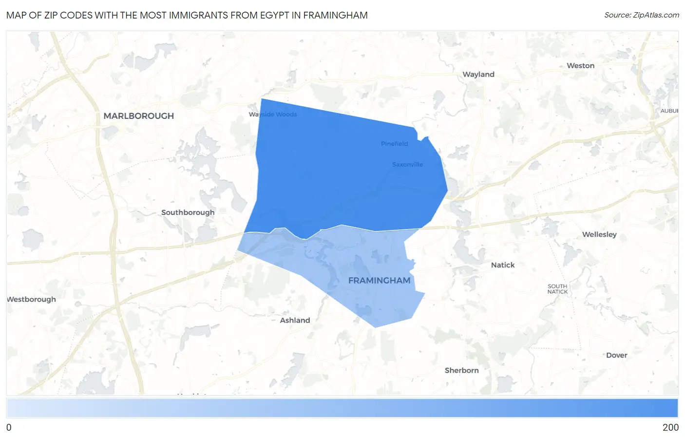 Zip Codes with the Most Immigrants from Egypt in Framingham Map