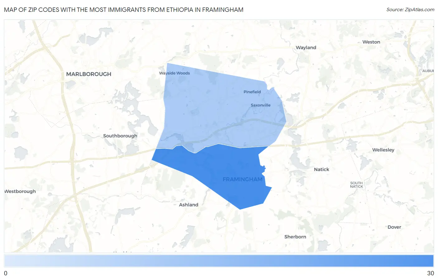 Zip Codes with the Most Immigrants from Ethiopia in Framingham Map