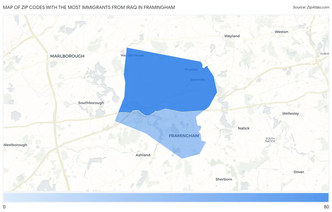 Zip Codes with the Most Immigrants from Iraq in Framingham Map
