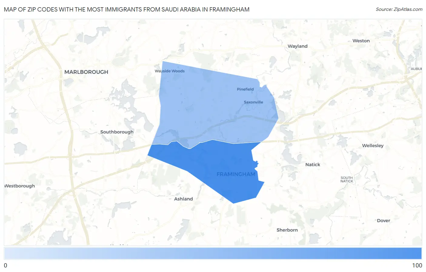 Zip Codes with the Most Immigrants from Saudi Arabia in Framingham Map