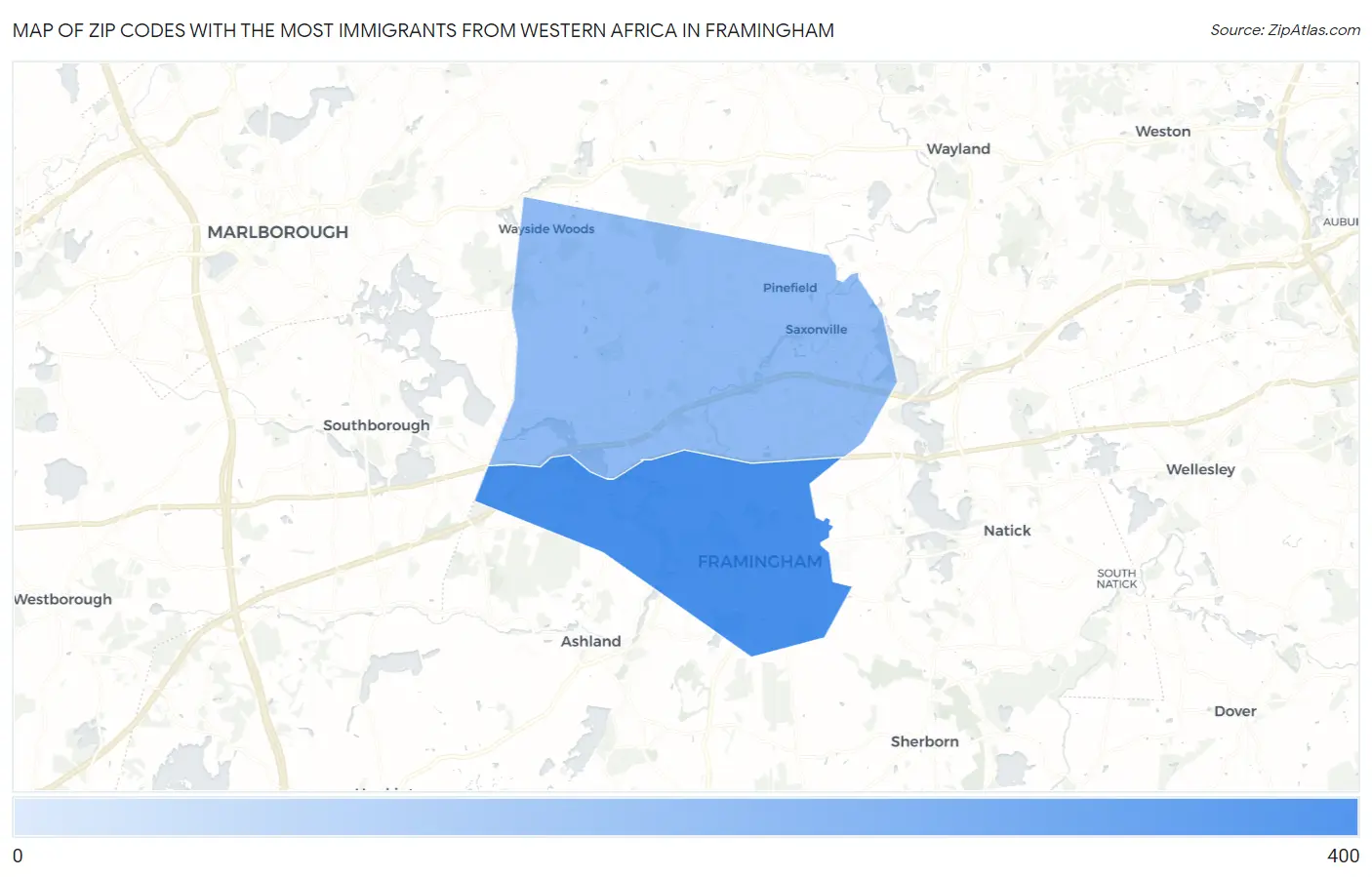 Zip Codes with the Most Immigrants from Western Africa in Framingham Map