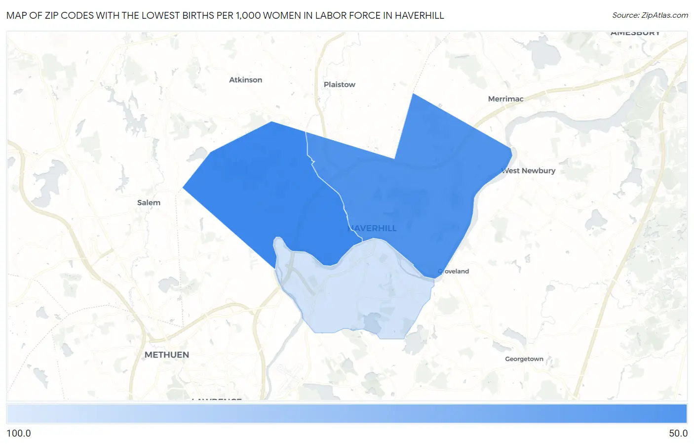 Zip Codes with the Lowest Births per 1,000 Women in Labor Force in Haverhill Map