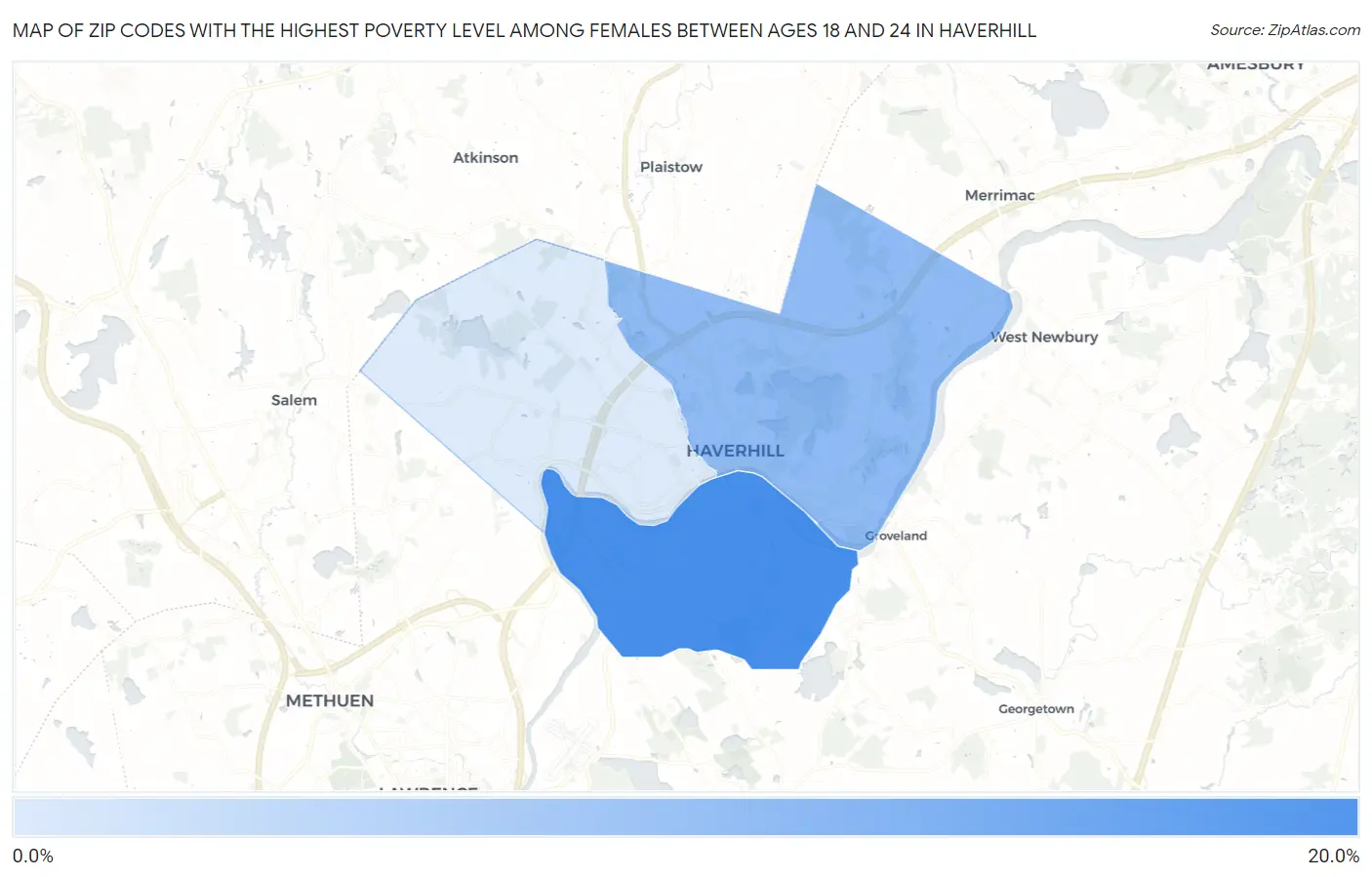 Zip Codes with the Highest Poverty Level Among Females Between Ages 18 and 24 in Haverhill Map