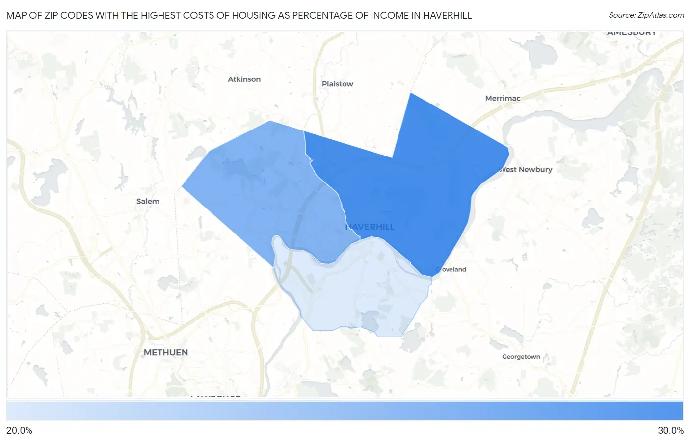 Zip Codes with the Highest Costs of Housing as Percentage of Income in Haverhill Map