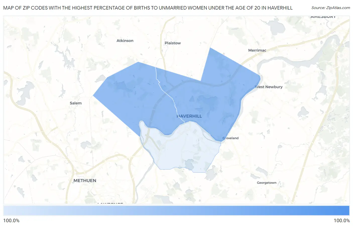 Zip Codes with the Highest Percentage of Births to Unmarried Women under the Age of 20 in Haverhill Map